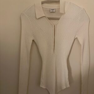 Abercrombie & Fitch Cream Ribbed Asymmetrical Bodysuit